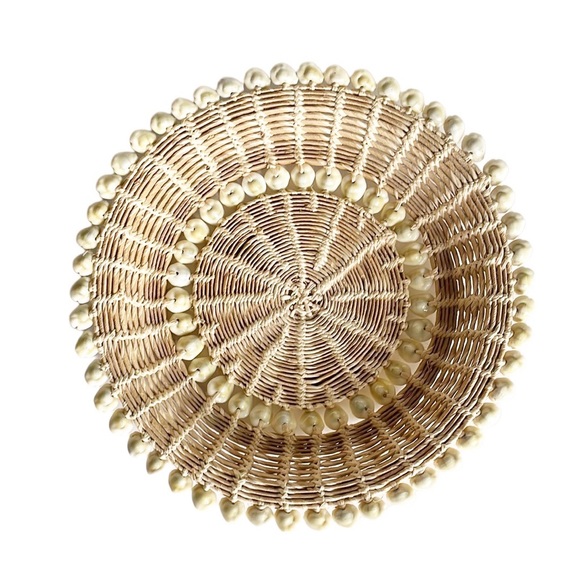 Other - round woven straw dish basket cowrie shells catch all boho beach decor accents